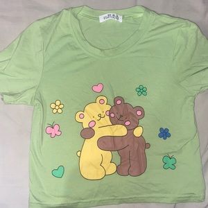 pastel green, short sleeve, bear print crop top